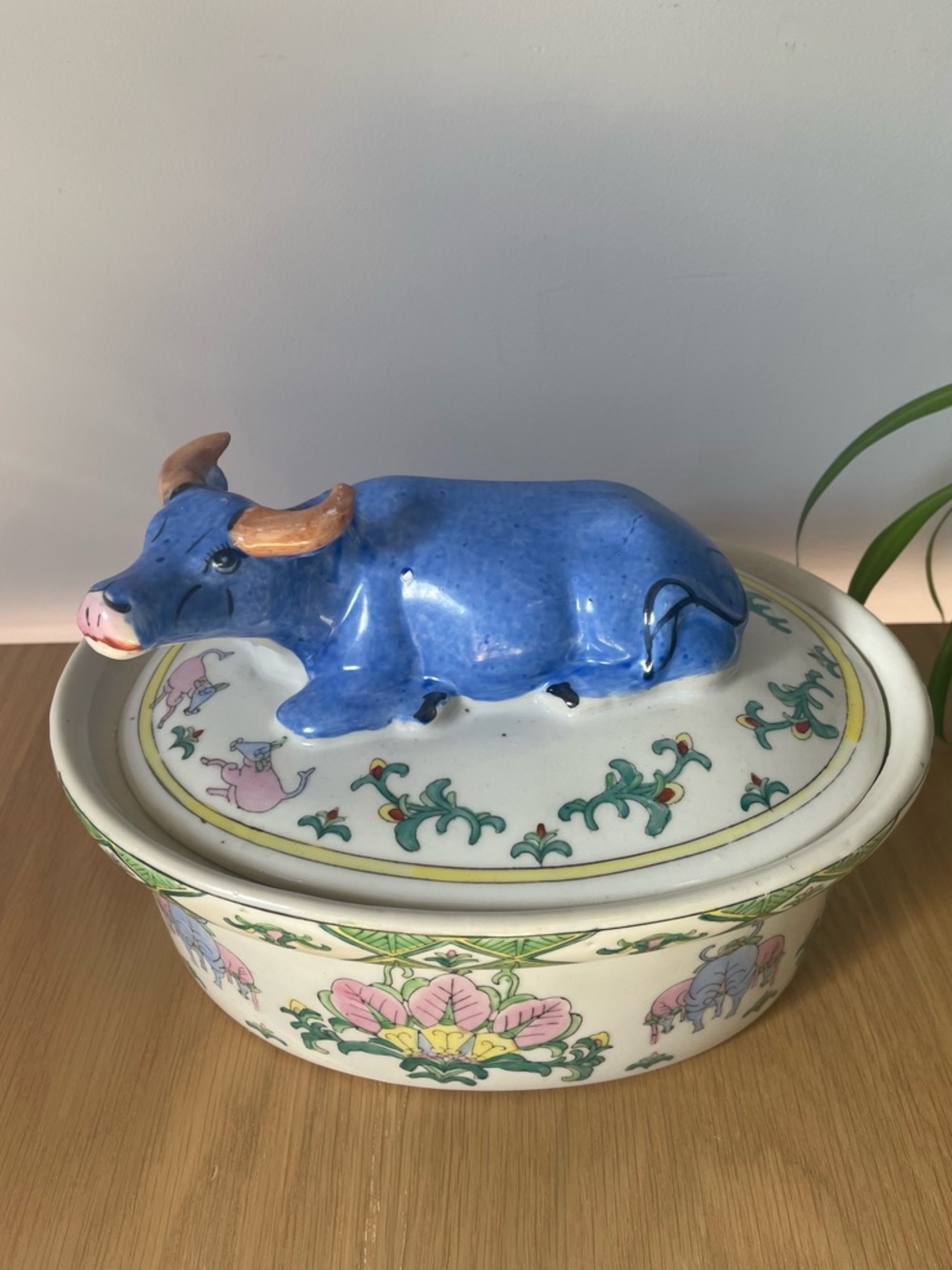 Rare Vintage Ceramic Blue Chinese Water Buffalo Ox Lidded Casserole Dish Tureen